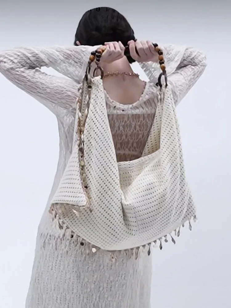 

FIRMRANCH 2025 Summer Shell Fringe Design Special Beaded Shoulder Strap Women's Lazy Vacation Style Singleer Bag Openwork Tote