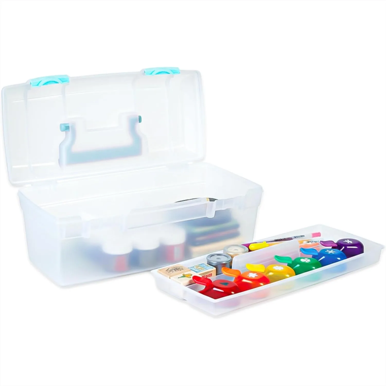 

Portable Art Supply Organizer with Lift-Out Tray, Clear Plastic Craft Box for Paint, Brushes & Scissors