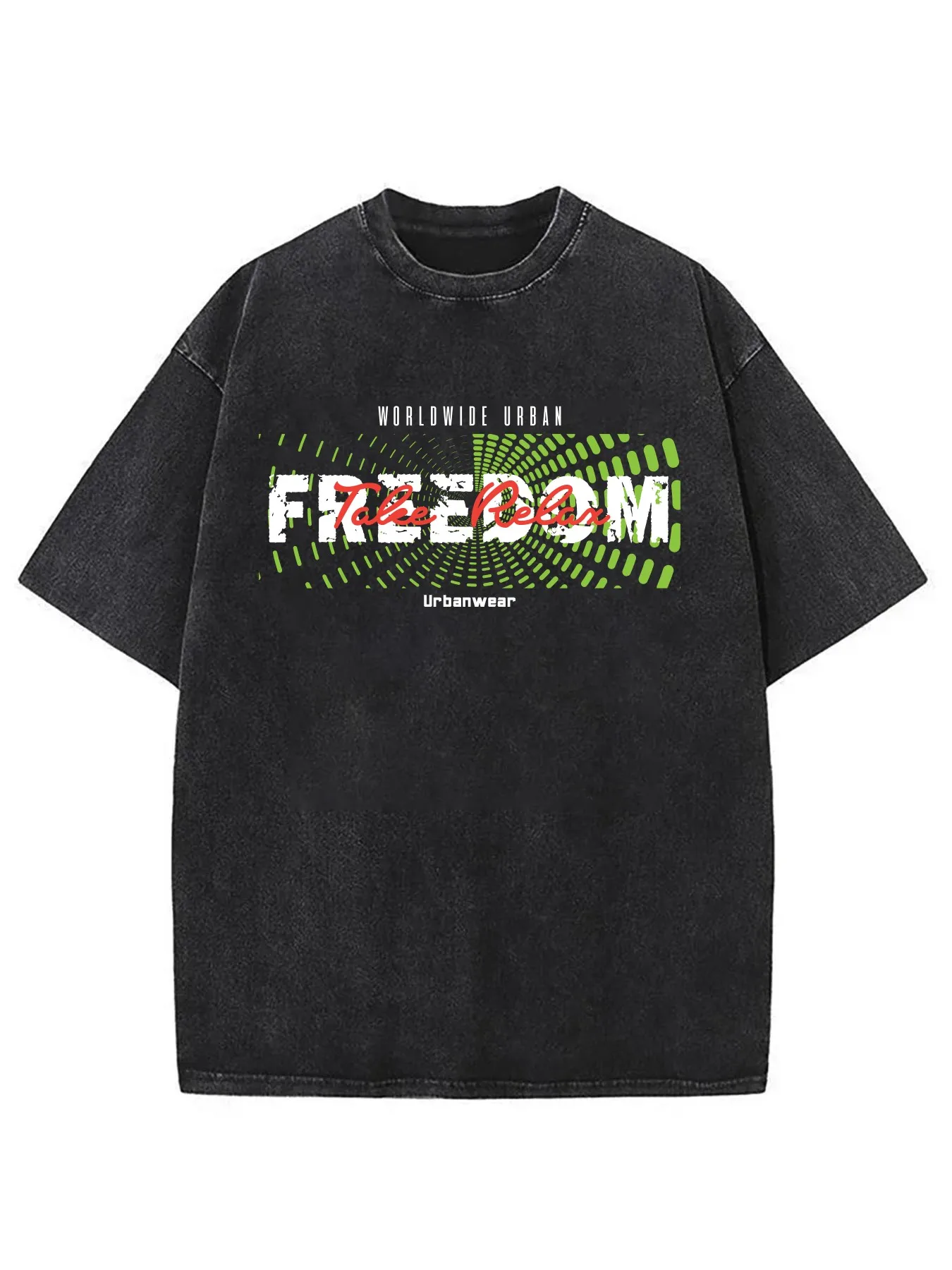 Men's Black 230-Pound Washed T-Shirt with a Striking Green Circular Print Featuring the Words Freedom and Worldwide Urban — a Casual Street-Style Short-Sleeved Crew Neck Shirt Suitable for Urban Wear and Everyday Attire
