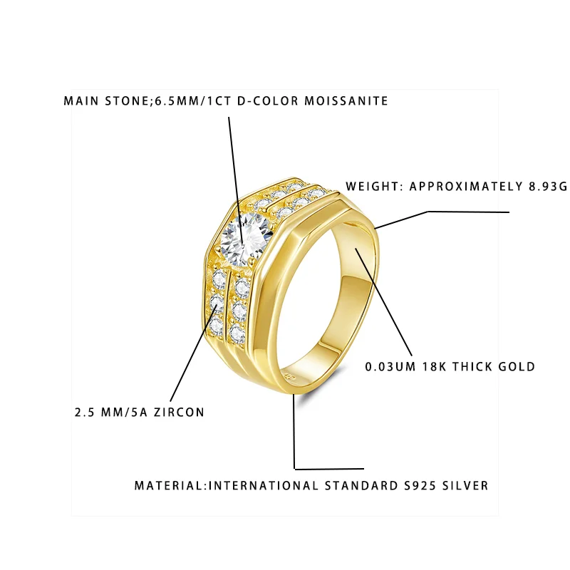 

Men's S925 Silver 18K Gold Plated 1CT D-Color Moissanite Ring 6.5MM 5A Zircon Luxury Statement Jewelry Gift