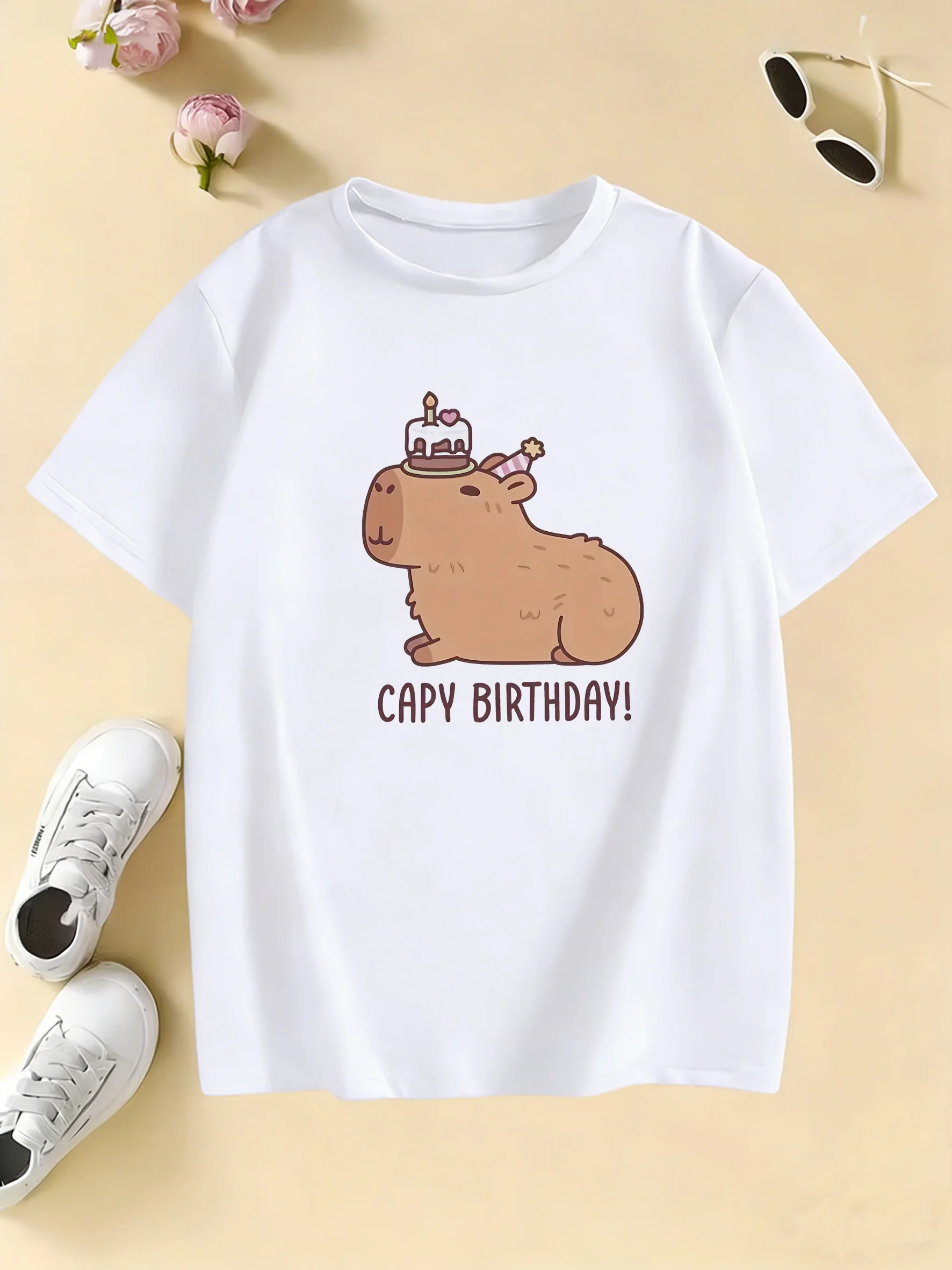 Fashion Kawaii Capybara Birthday Summer Fashion T Shirts Kids Children's T-shirt Boys Girls Summer Spring Casual Top Tee Shirt