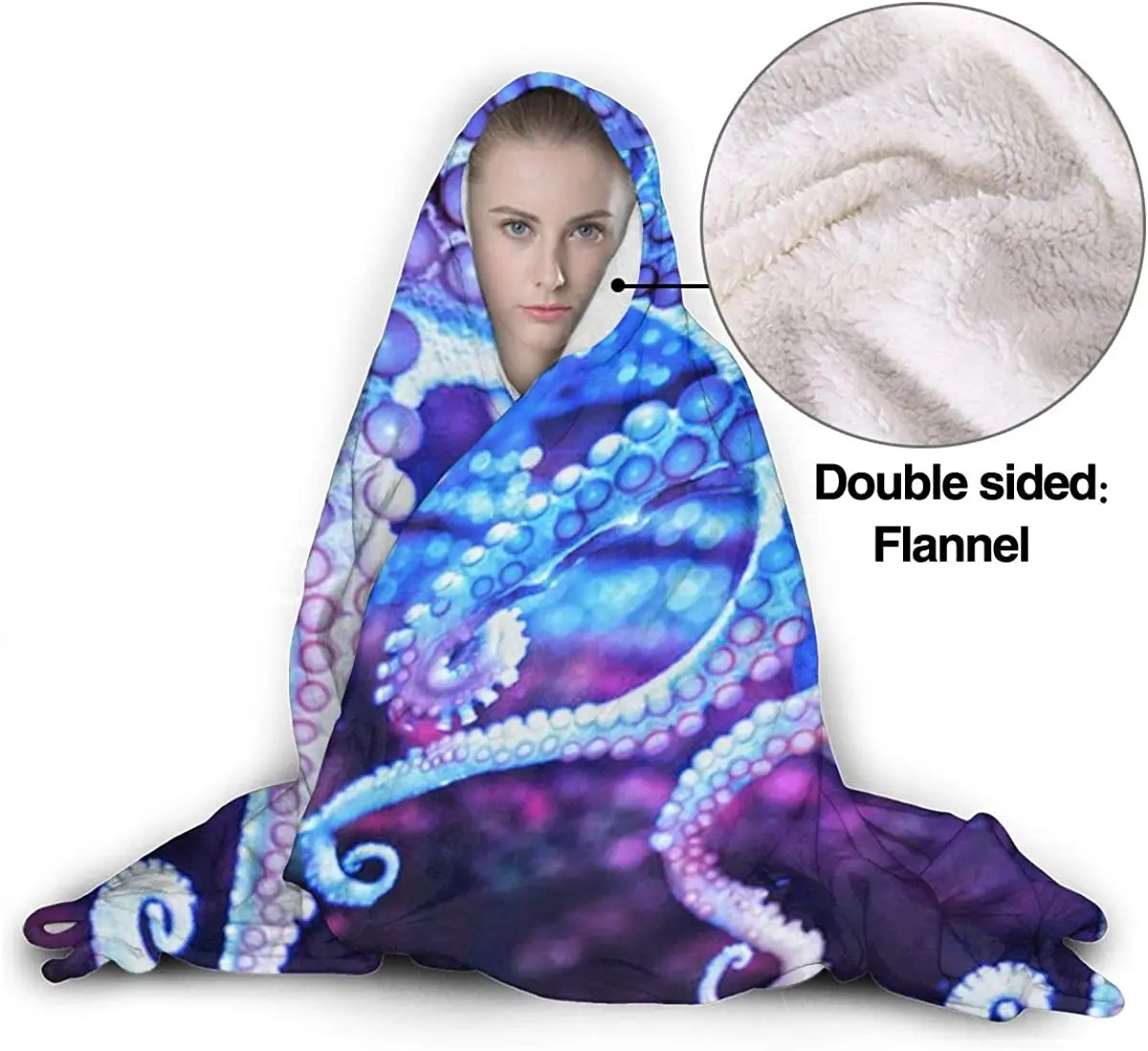 Octopus Tentacles Blue and Purple Swirl Sea Animal Wearable Blanket Hooded Blanket Mens Womens Fall Sherpa Fleece Blankets