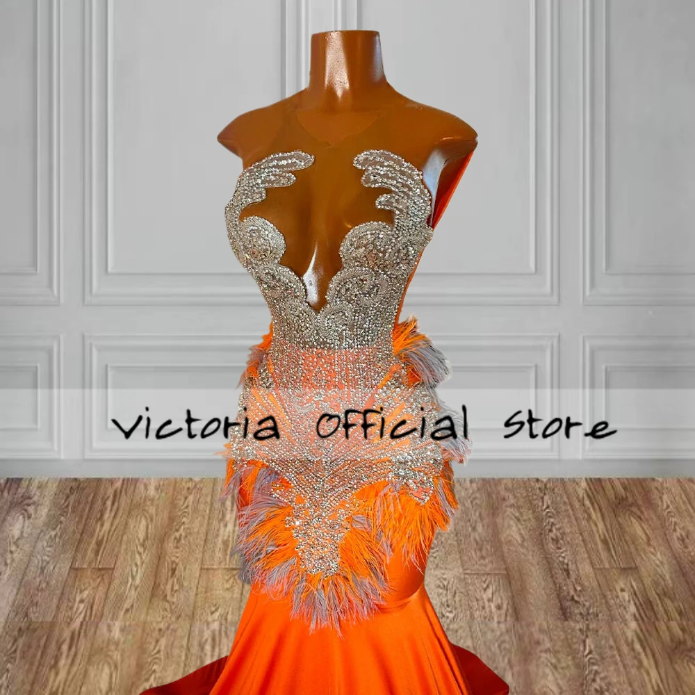 Orange Fitted Mermaid Prom Dress 2027 Silver Beaded Rhinestone African Black Girls Satin Luxury Prom Gala Gowns Customized