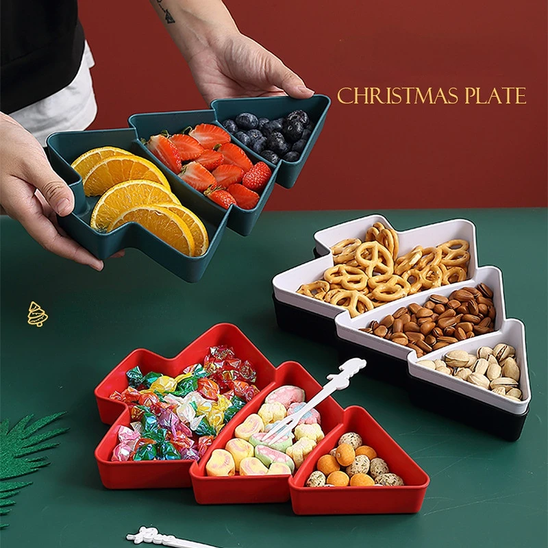 

Christmas Tree Fruit Plate Shape Candy Snacks Nuts Dry Fruits Plastic Plate Snack Dishes Bowl Merry Christmas Party Decorations