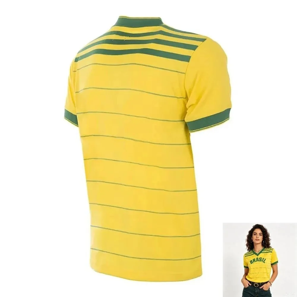 Women Men's Quick Dry Breathable Short Sleeve Brazil Style Team Retro Football Jersey Thin Stripe V‑Neck Loose Sports T‑Shirt