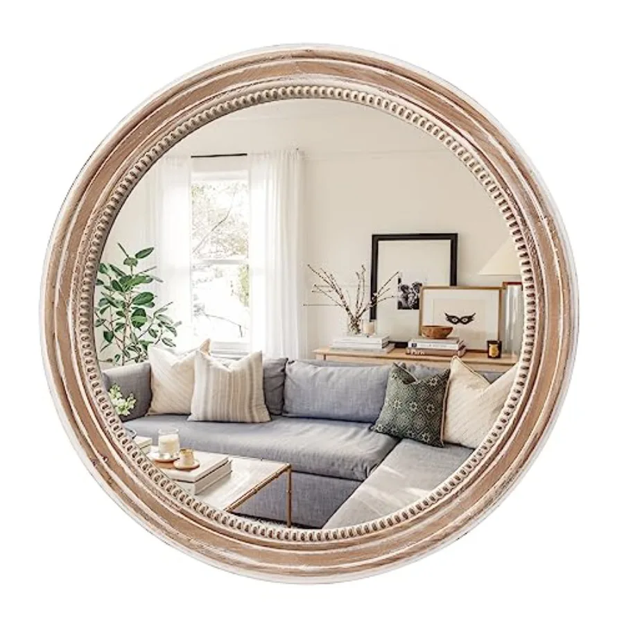

Round Wood Mirror, 24 inch Circle Rustic Farmhouse Natural Wooden Frame Boho Beads Wall Mirror for Bathroom, Living Room, Bedro