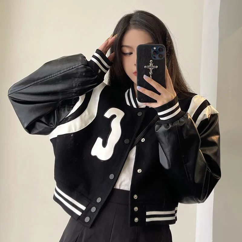 Black Baseball Jacket Women Long Sleeve Pu Patchwork Cropped Bomber Jackets Fashion Loose Outwear Streetwear Female Coat