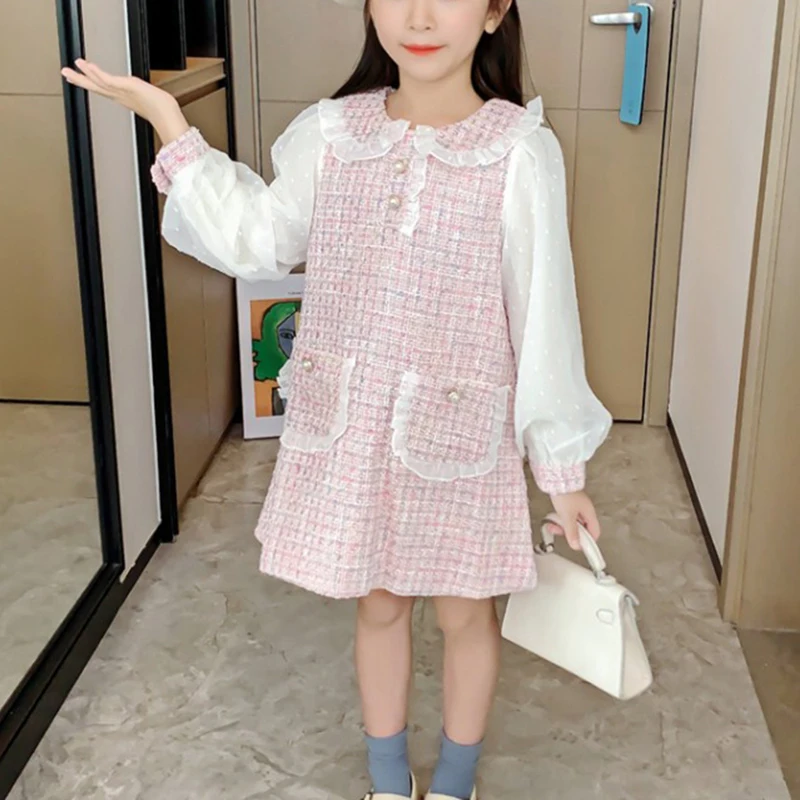 

Girls' clothing pink dress with pocket splicing, spring and autumn new style, small fragrance style, ladies' princess party dres