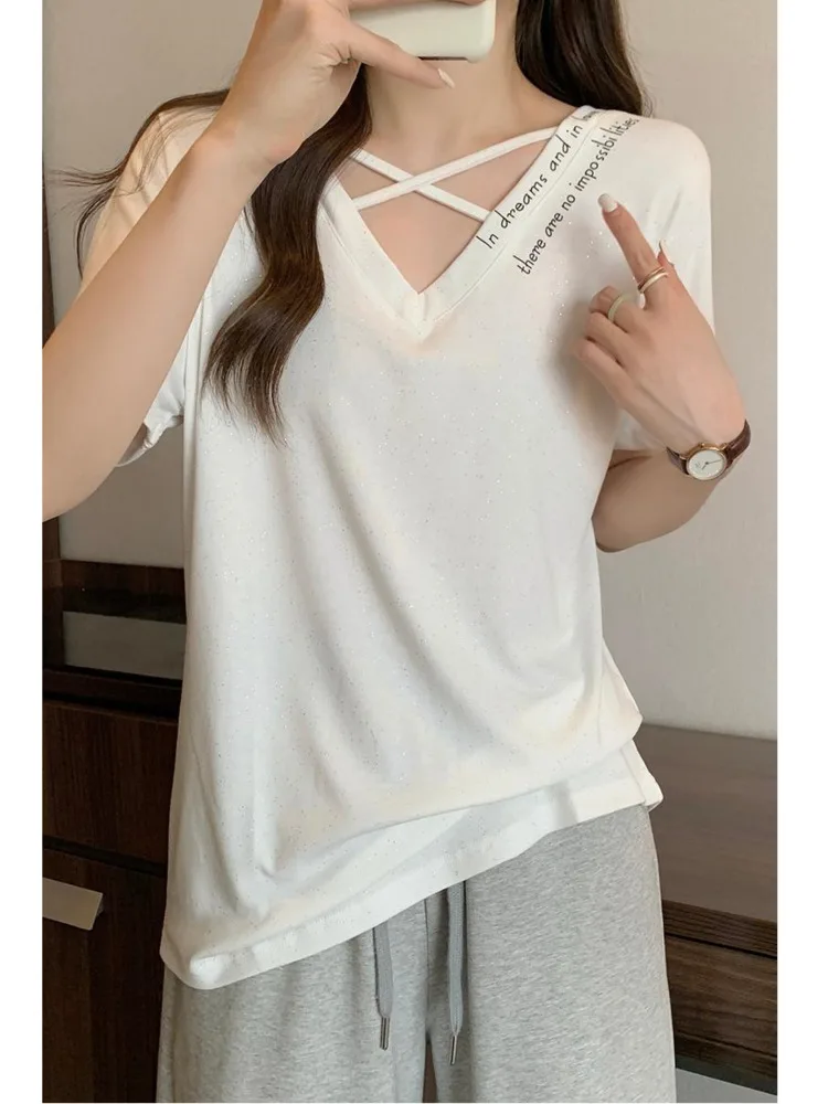 L-4XL Large Size Basic T-shirts For Women 2023 Summer Fashionable Shining Oversize Tops Short Sleeve Loose V-neck Cotton Tees