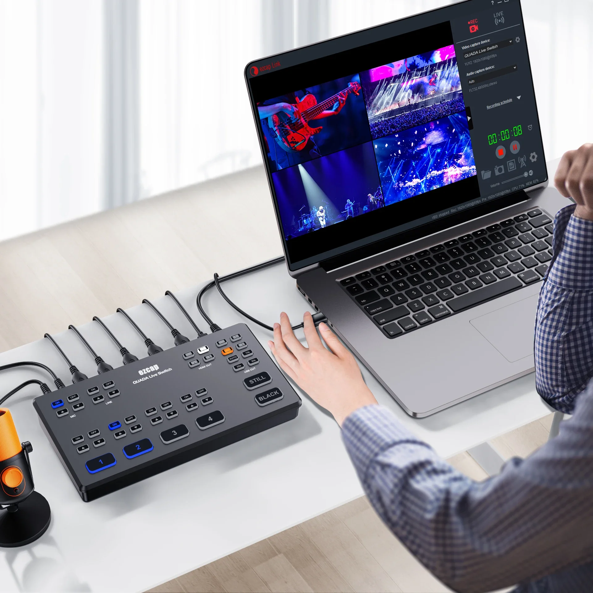 Ezcap Quada Live Switch 4 Port HDMI Multi Camera Video Capture Card Live Streaming Broadcast Recording Box 1080p@60fps Mic In