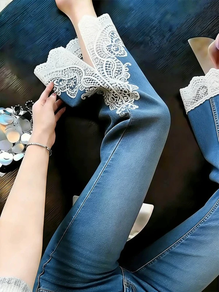 Blue Lace Splice Split Flared Jeans Women's Casual Fashion Lightweight Spring Summer New Style High Waist Slim Fit Denim Pants