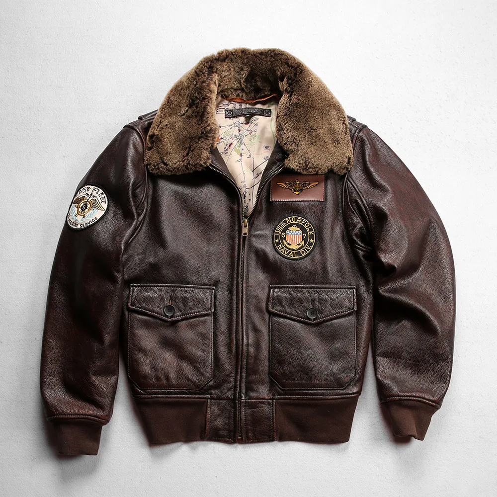 L221 Super Offer! US Big Size Air Force G1 Pilot Warm Real Removable Fur Collar Genuine Cow Leather Coat Cowhide Bomber Jacket