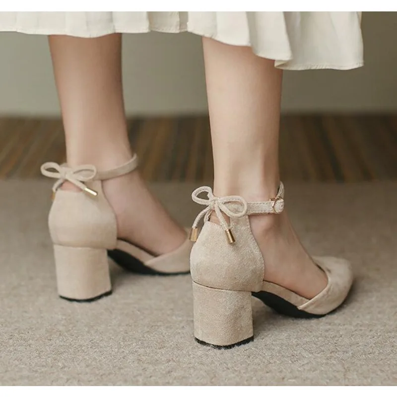 Women's Classic Beige Square Heel Pointed Shoes for Party Ladies Spring Summer Black Buckle Suede Profession Pumps