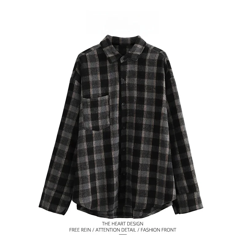 

Women's Plaid Flocking Shirt Korean Style Commute Long Sleeve Collar Regular Length Button Decoration Outerwear Trendy