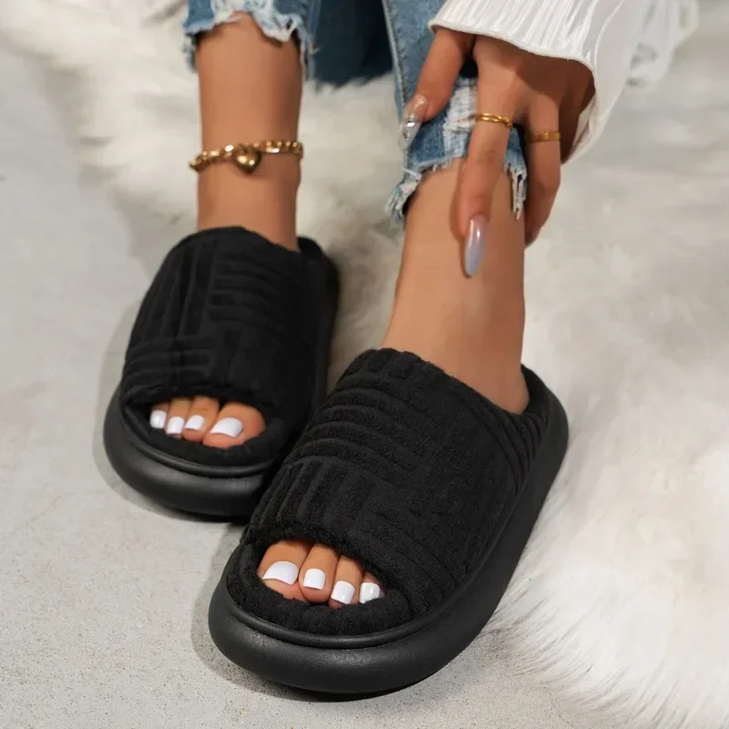 Women's 2024 Winter Towel Pattern Soft Thick Sole Home Fashion Platform Slides Shoes Outdoor Anti Slip External Warm Slippers