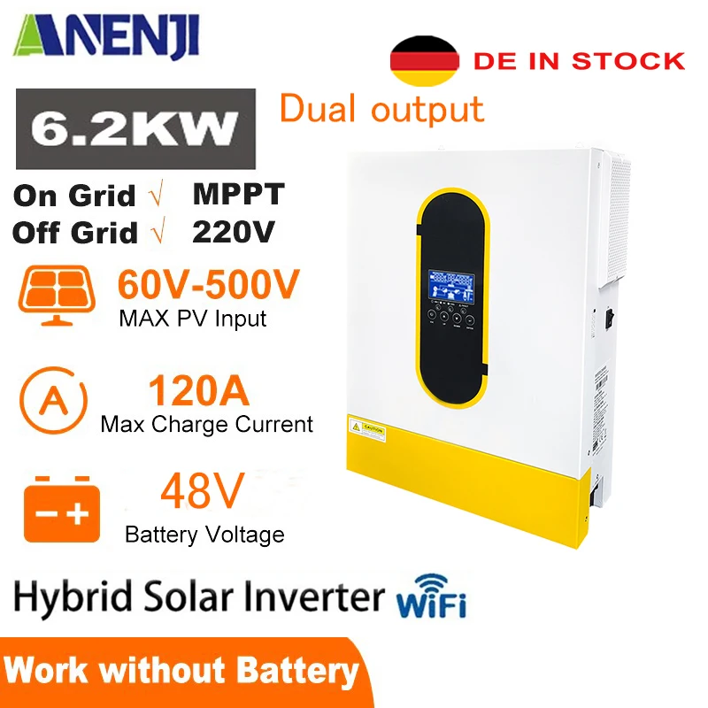 6.2KW 48V Hybrid Solar Inverter On Grid 230VAC Pure Sine Wave Dual Output with MPPT 120A Solar Charge Controller PV 500V WIFI