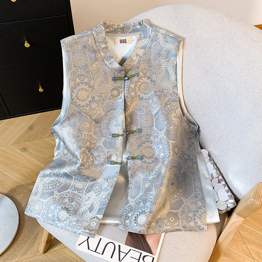 New 2026 Autumn Chinese Style Embroidered Top Silk Satin Stand Collar Handmade Button Floral Pattern Ladylike Gentle Vest