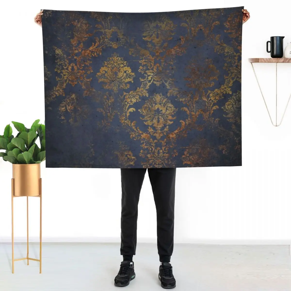 

Elegant Dark Blue and Grunge Gold Damask Pattern Throw Blanket Wrinkle Resistant Lightweight Blanket
