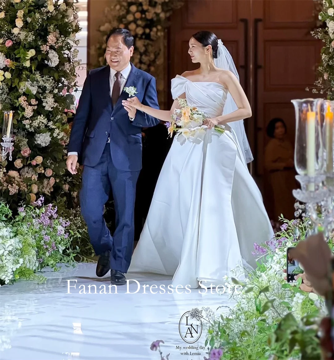 FANAN 원 숄더 한국 a 라인 반팔 새틴 웨딩 드레스 웨딩 드레스 아이보리 맞춤형 예쁜 신부 가운 플러스 사이즈