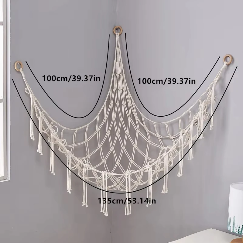 Triangle Corner Toy Storage Net Hand-Woven Rope Hammock for Stuffed Animals Bedroom Wall Space-Saving Organizer