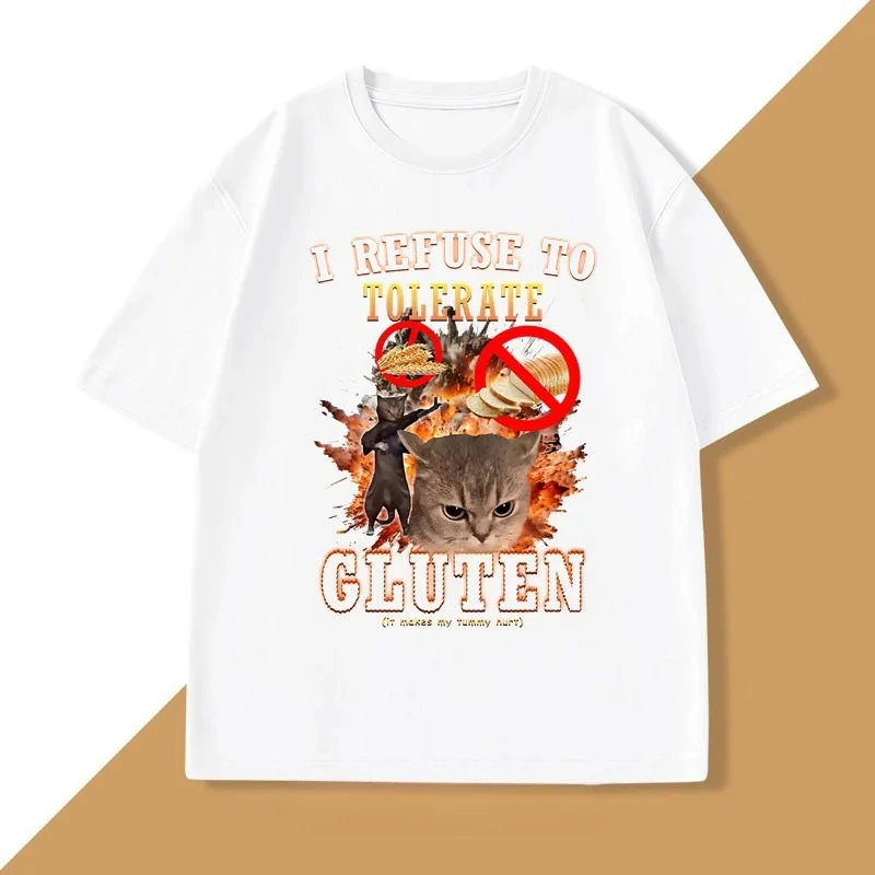 I Refuse Gluten Intolerance Funny Cat T-shirts Women's Casual T-shirts Women's Streetwear Graphic T Shirts Summer Streetwear Y2K
