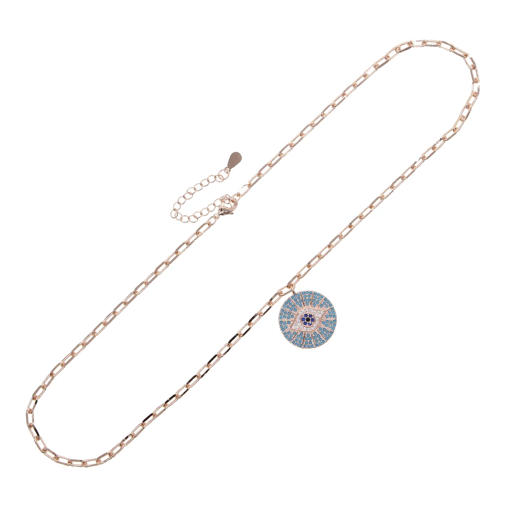 New Evil Eye Round Pendant Necklaces for Women Paved Full Turquoise and Cubic Zircon Gold/Rose Gold Plated Color Fashion Jewelry