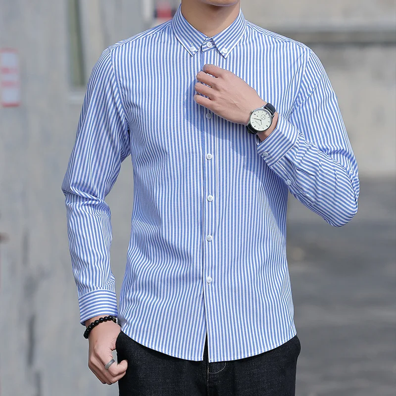 Plus Size Men\'s High Quality Dress Shirts Korean Casual Classic Busines Blue Striped Shirts Breathable Long-Sleeved Shirt Coat