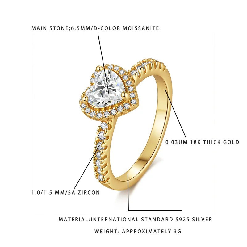 

6.5MM D Color Heart Cut Moissanite Ring 18K Gold Plated S925 Silver Halo Ring for Women
