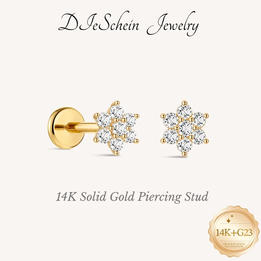 DIeSchein 14K Solid Gold Flat Back Single Stud Earring 5/6/8mm Post Length Tiny Piercing Hypoallergenic Minimalist Gold Earring