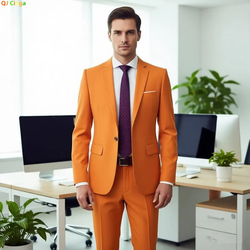 Men's Orange Two-Piece Suit, Office/Interview/Wedding Slim-Fit Jacket with Trousers, Black, Gray, Blue, Red, Green, Yellow Sets.