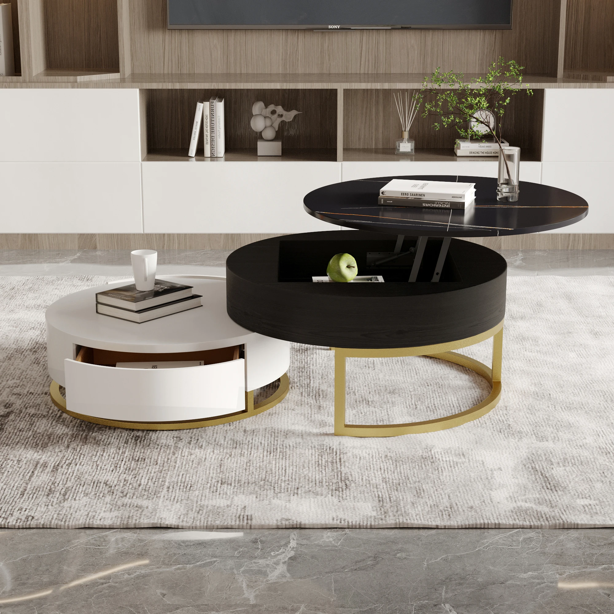 Modern Lift Top Nesting Coffee Table Set Black/White Sintered Stone Round Tabletop with Storage and 2 Drawers for Living Room