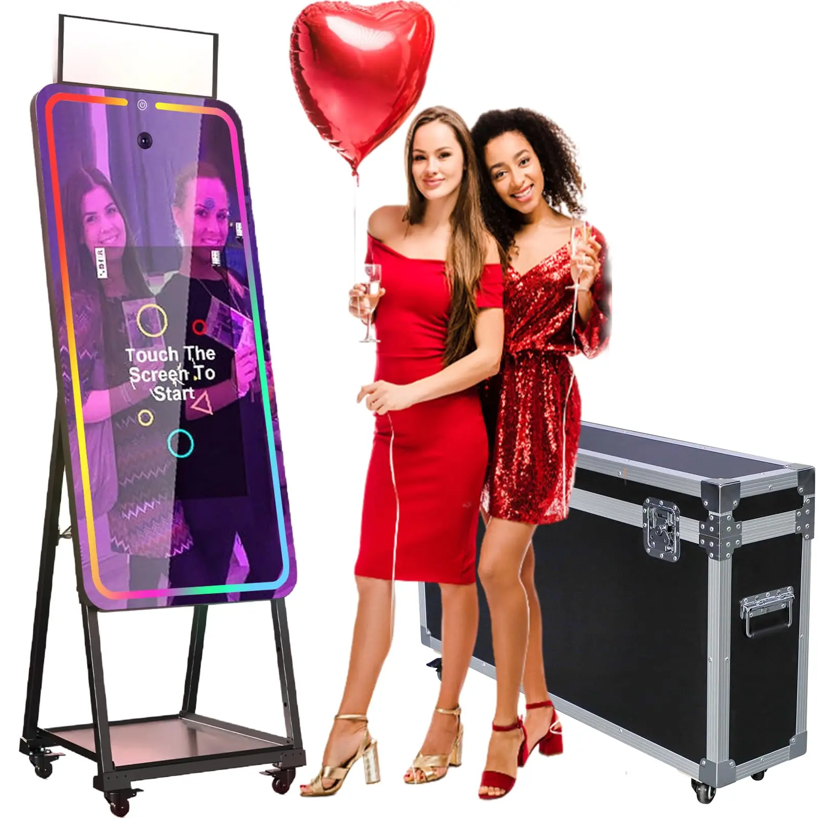 Mirror Photo Booth with APP DSLR Camera Photo Booth Stand Selfie Touch Screen with RGB Light Ring and Flight Case for Events