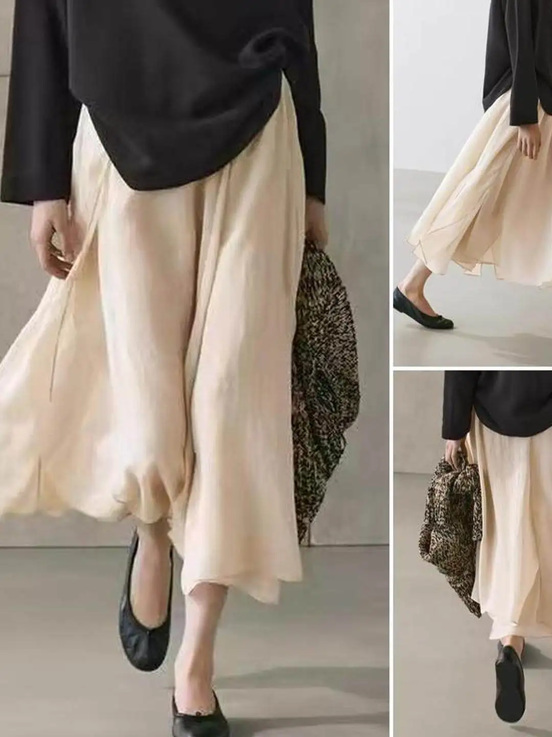Elegant Intellectual Spring Women's Dress Draping Ethereal Pure Color Midi Skirt Citywalk Polyester Fiber Umbrella Skirt