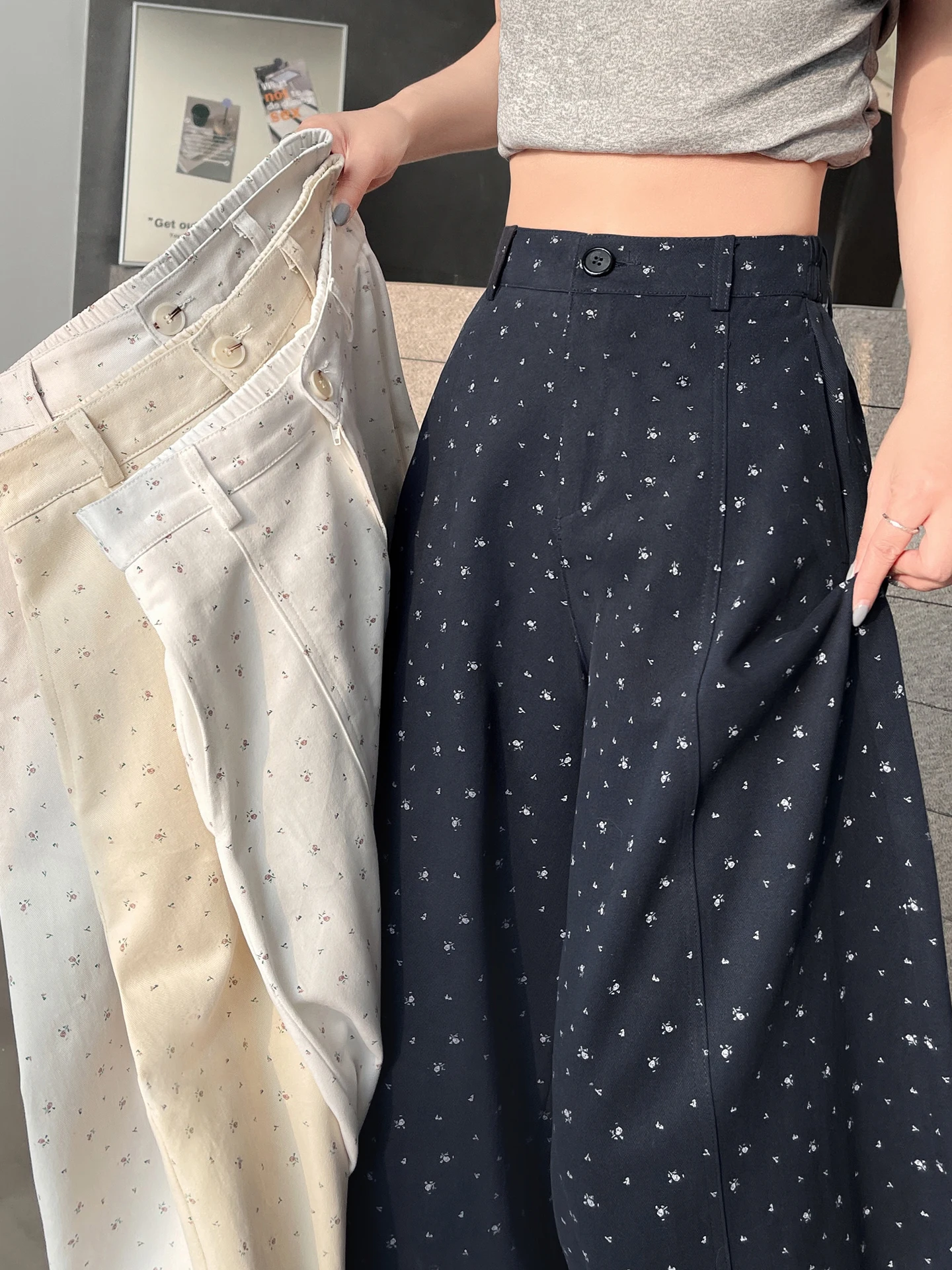 Cotton High Waist Wide Leg Pants Women's Summer New Style Loose Fit Casual Drapey Knife Pants Floral Print