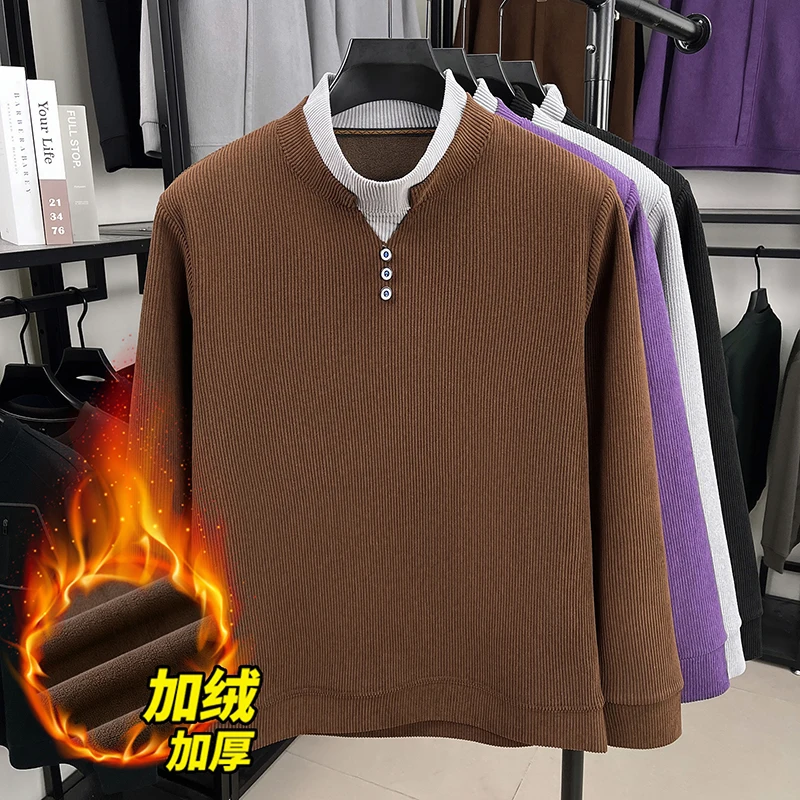 

Осень-зима 2022, новая мужская футболка с длинными рукавами, однотонная базовая рубашка из двух частей с v-образным вырезом для мужчин