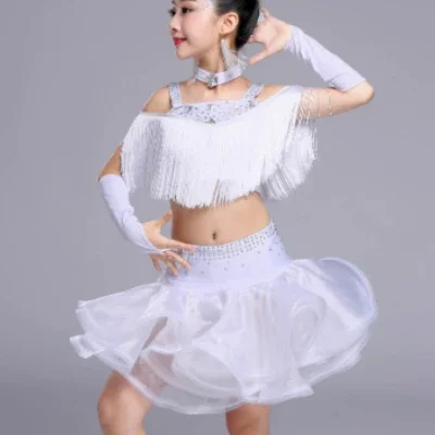 Nuovo vestito con frange da ballo latino con paillettes per ragazze, costume da ballo di tango alla moda, costume di scena