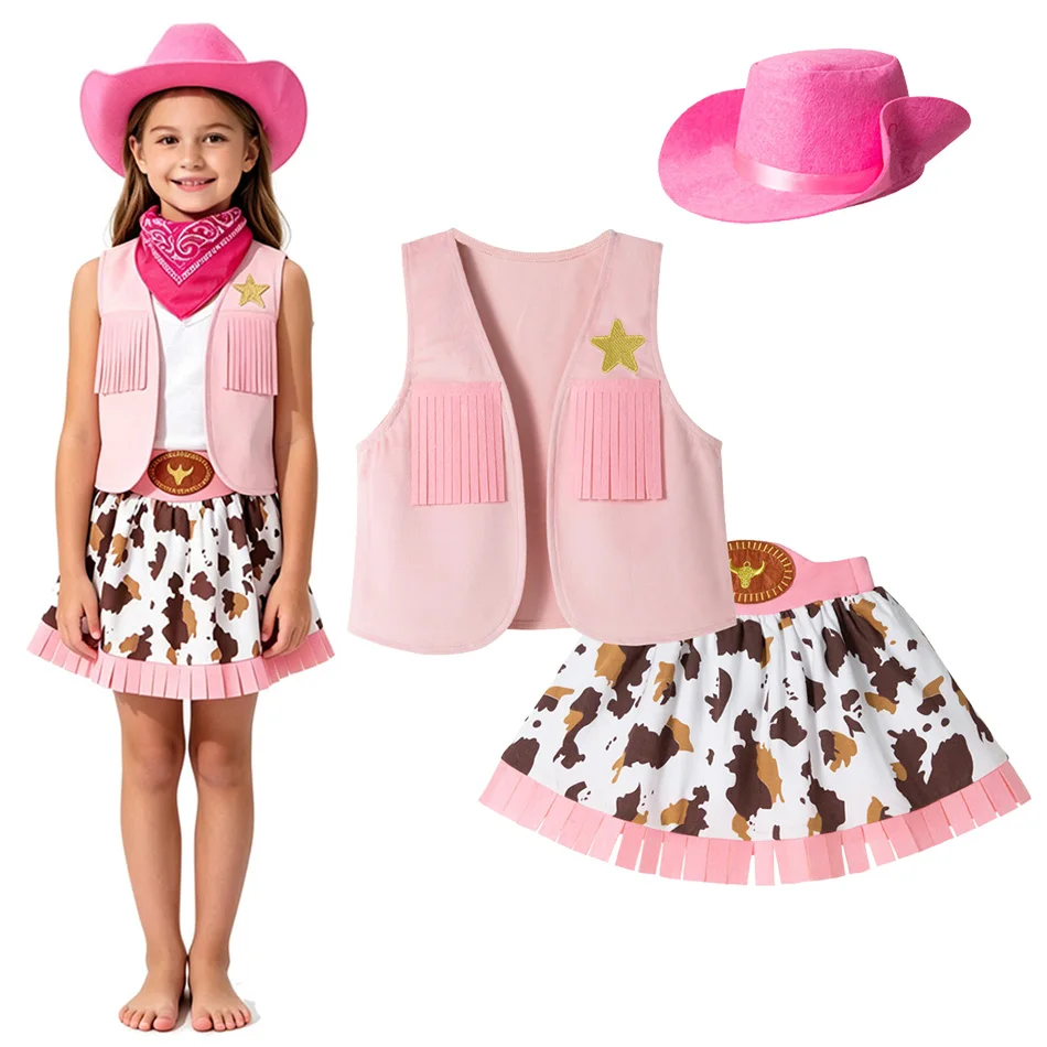 Kids Pink Cowgirl Costume 4Pcs Western Cowboy Outfit with Hat Bandana Vest Skirt for Girls Halloween Cosplay Party Dress Up