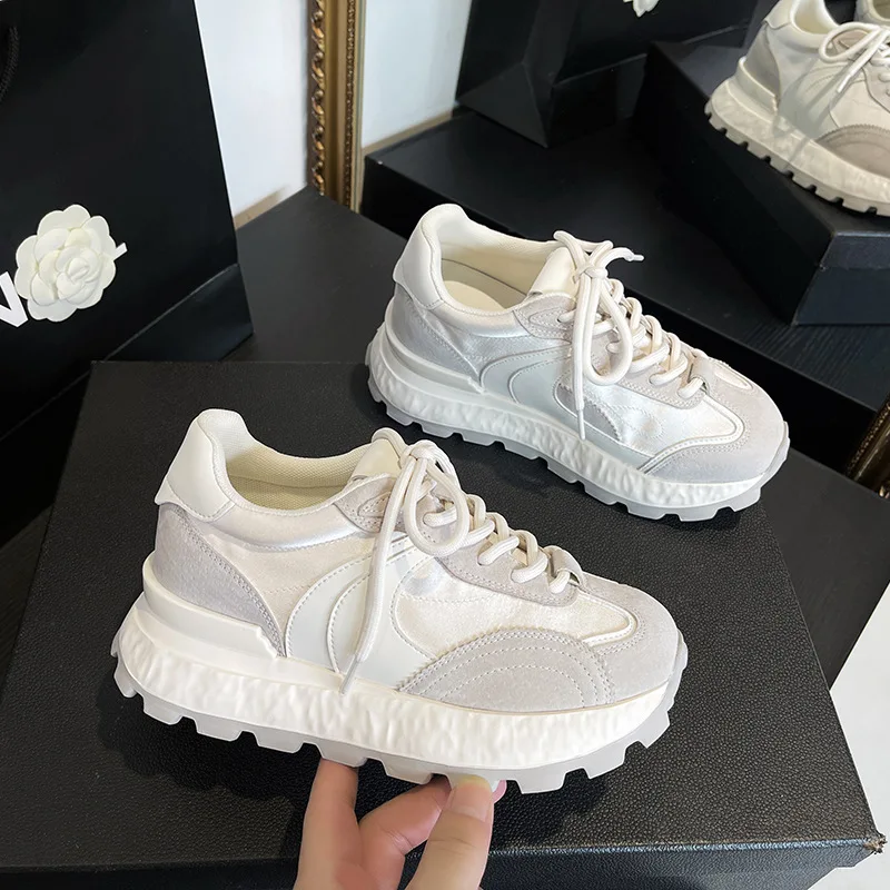 Off White Retro Chunky Sneakers For Women Satin And Suede Upper Lace Up Design Round Toe Non Slip Thick Sole Casual Sports Shoes