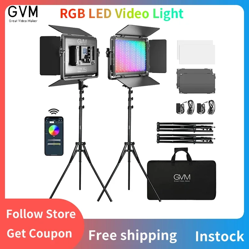 GVM 1300D RGB LED Video Light 2 Packs 3200K-6500K Bi-color 65W Photography Video Led Panel Lighting Kit with Bluetooth Control