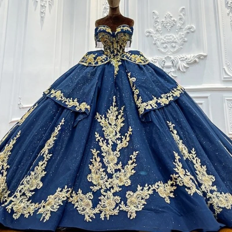 

Navy Blue Shiny Quinceanera Dresses Off The Shoulder Gold Applique Lace Beading Bow Tull Corset Party Birthday Sweet 16 Dress