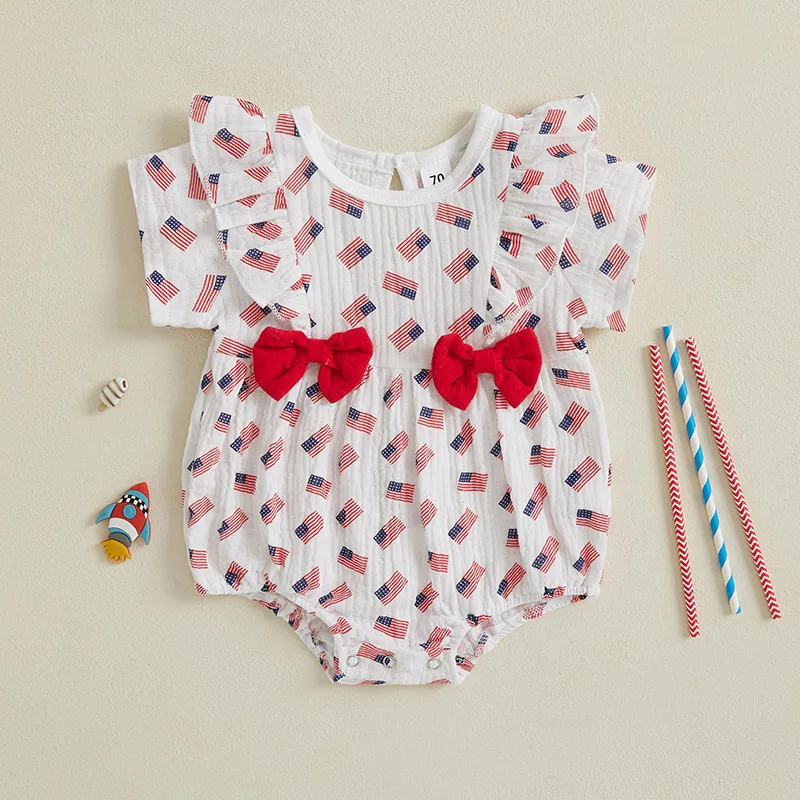 Baby Girls Rompers Dress Independence Day Clothes Star/Bow/Ice Cream/Flag Print Short Sleeve Summer Bodysuits Jumpsuits
