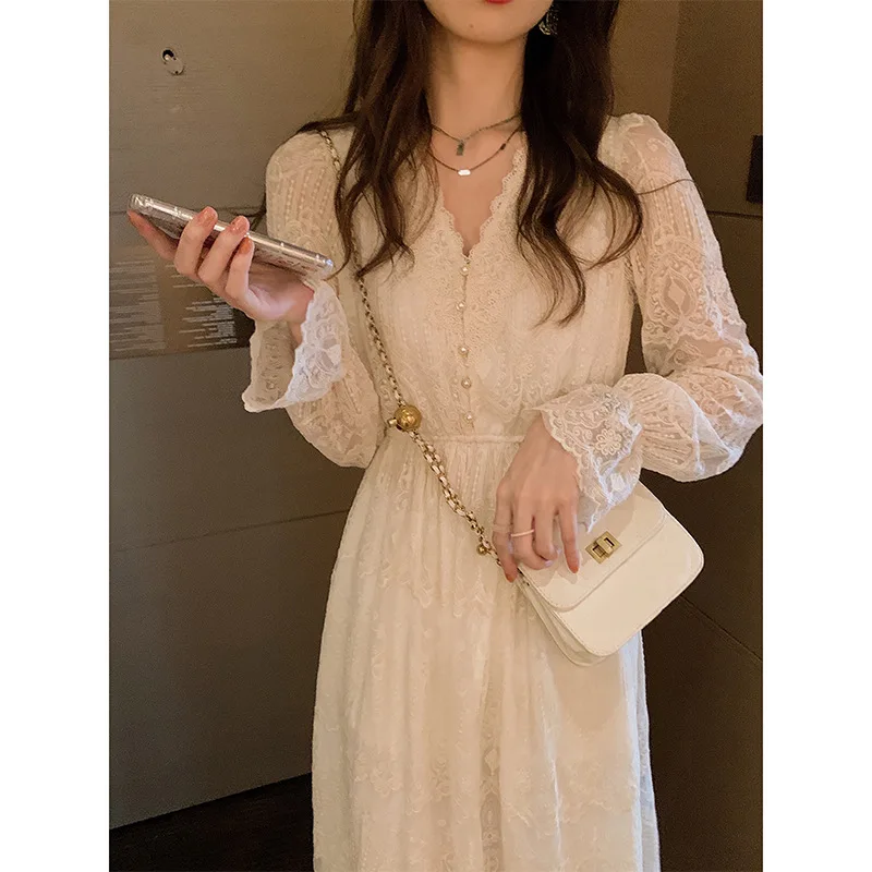 

Ladies Fragrant wind skirt bottoming with coat white long dress light luxury chic sense of lace dress children's spring and fall