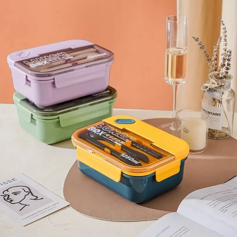 1pc 1250ML 3 Grids Lunch Box With Tableware, Portable Microwavable Hermetic Bento Box For Children Adults School Office