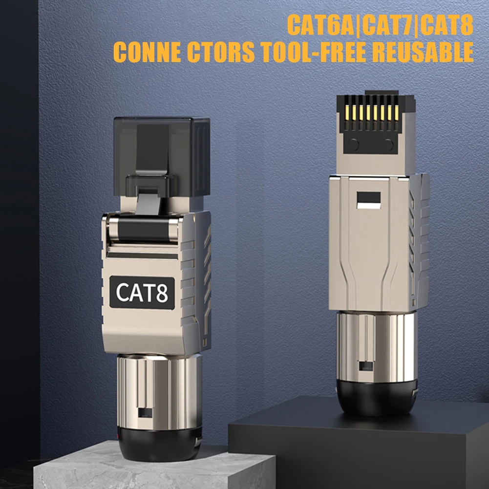 CAT6A/CAT7/CAT8 Gold Plated Field Termination Connector RJ45 Network Connector Metal Shielded Tool Free Easy Termination Plug