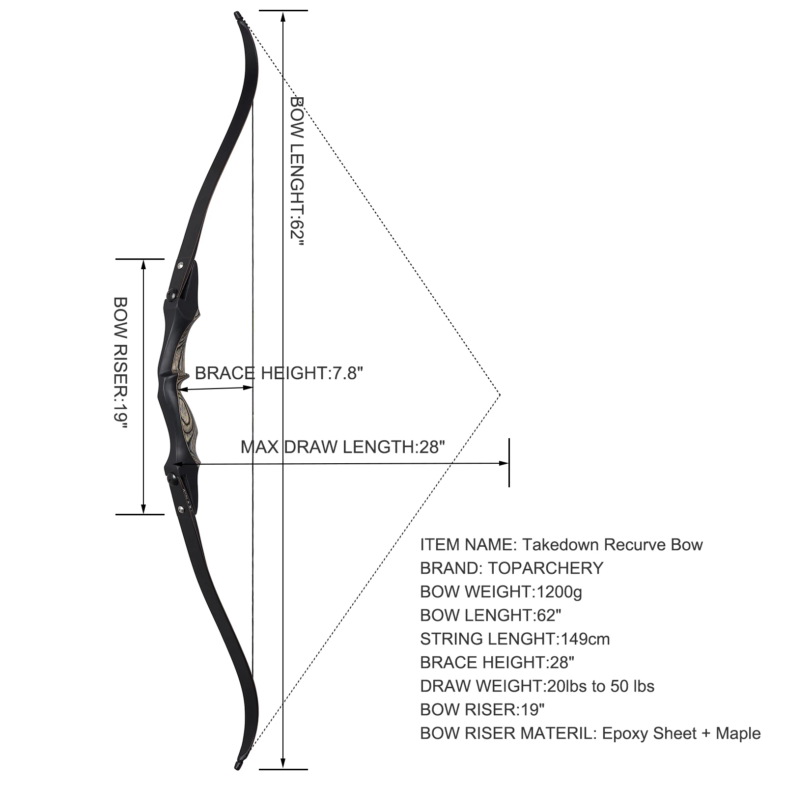 Toparchery-arco recurvo ILF para práctica de caza al aire libre, extremidades de inserción de madera, 62 pulgadas, 25-50 libras