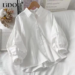 Camisa polo feminina de peito único, blusa de manga folhada, decoração linha brilhante, monocromática, primavera, verão, novo, três quartos, 2023