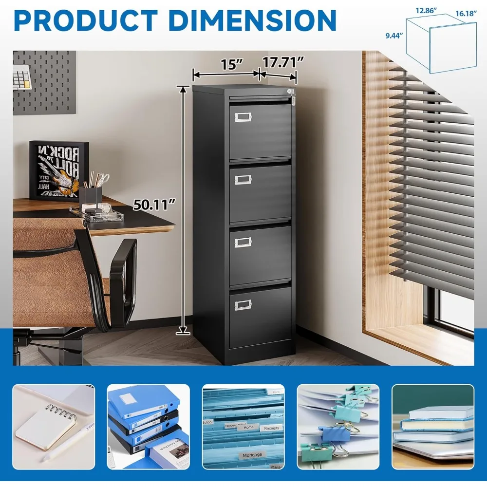 4 Drawers Vertical File Cabinets - Lateral Filing Cabinets - Metal Steel Lockable Storage for Home Office to Hanging Files