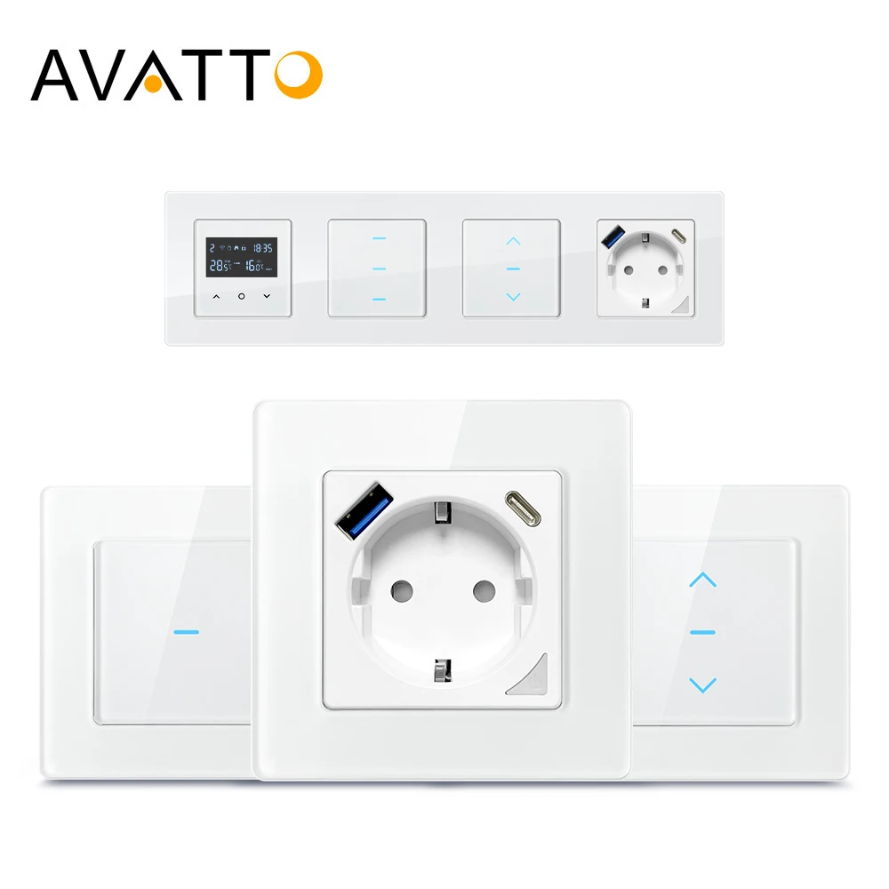 AVATTO Tuya WiFi EU Standard Smart Light Switch Curtain Switch Socket，With USB/Type-C Port,Remote Control With Alexa Google Home