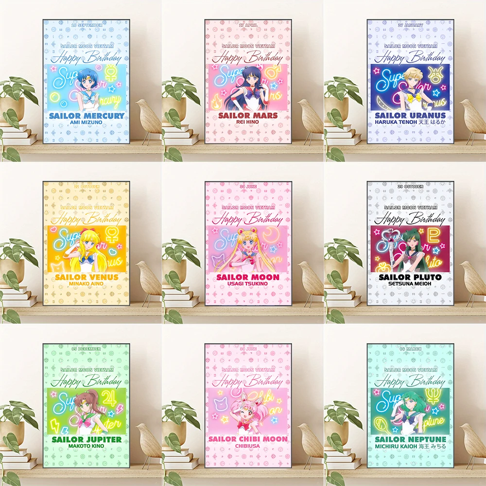 Sweet Neon Magical Girl Paper Poster Cute Cartoon Maiden Happy Birthday Wall Print for Girls Bedroom Unframed Decor Painting