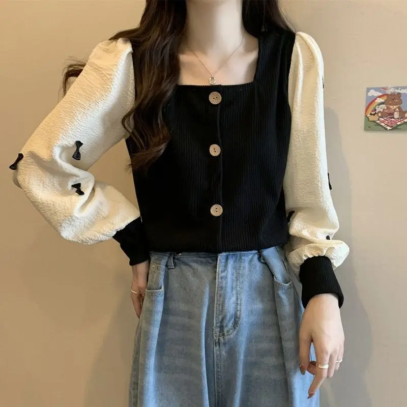 Women Trendy Kawaii Bow Chic Button Patchwork T Shirt Spring Autumn Female Casual Square Collar Long Sleeve Tops Ropa De Mujer